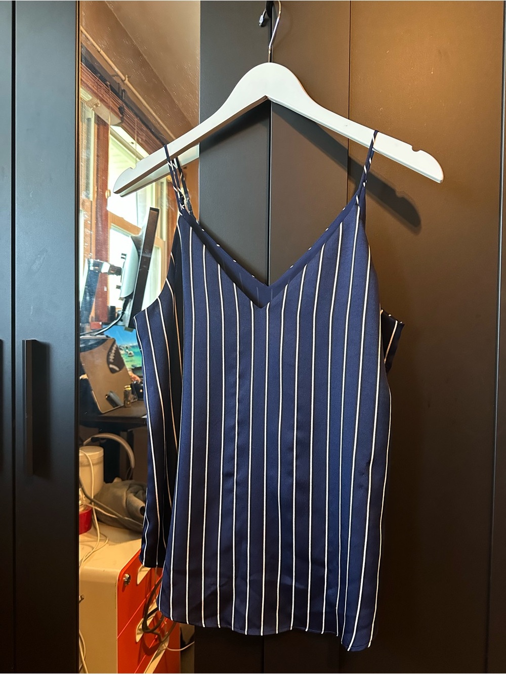 Express Navy White Pinstripe V-Neck Cami Tank Top Size Small